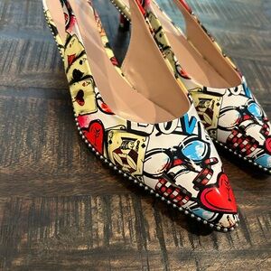 Slingback Kitten Heel Pointed Toe Ankle-Strap Pumps Shoes 10 Graffiti Vegas